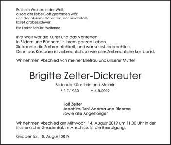 Traueranzeige von Brigitte Zelter-Dickreuter von Haller Tagblatt