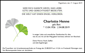 Traueranzeige von Charlotte Henne von Alb-Bote/Metzinger-Uracher Volksblatt