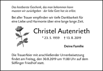 Traueranzeige von Christel Autenrieth von SÜDWEST PRESSE Ausgabe Ulm/Neu-Ulm