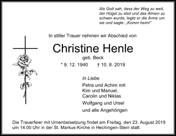 Traueranzeige von Christine Henle von Hohenzollerische Zeitung