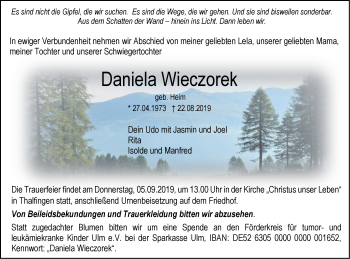 Traueranzeige von Daniela Wieczorek von SÜDWEST PRESSE Ausgabe Ulm/Neu-Ulm