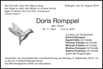 Traueranzeige von Doris Romppel von NWZ Neue Württembergische Zeitung