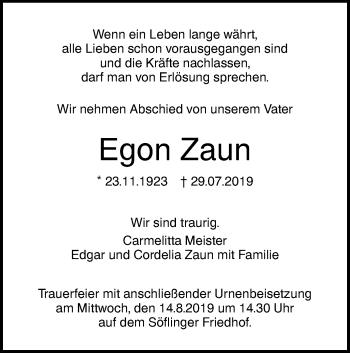 Traueranzeige von Egon Zaun von SÜDWEST PRESSE Ausgabe Ulm/Neu-Ulm