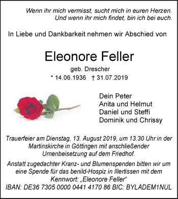 Traueranzeige von Eleonore Feller von SÜDWEST PRESSE Ausgabe Ulm/Neu-Ulm