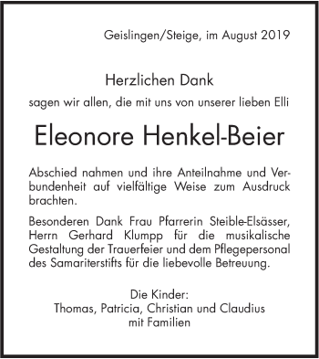 Traueranzeige von Eleonore Henkel-Beier von Geislinger Zeitung