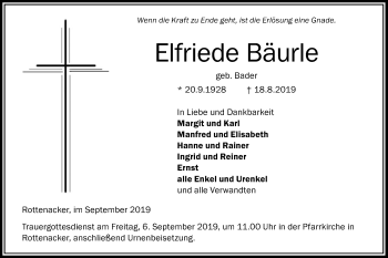 Traueranzeige von Elfriede Bäurle von Ehinger Tagblatt