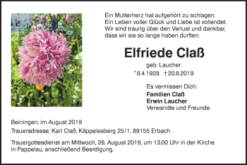 Traueranzeige von Elfriede Claß von SÜDWEST PRESSE Ausgabe Ulm/Neu-Ulm