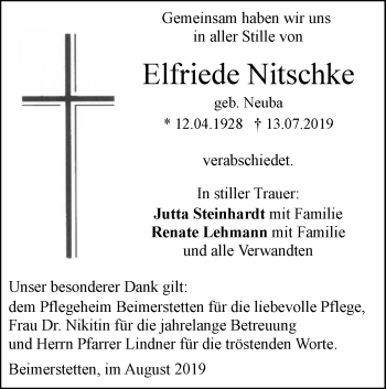 Traueranzeige von Elfriede Nitschke von SÜDWEST PRESSE Ausgabe Ulm/Neu-Ulm