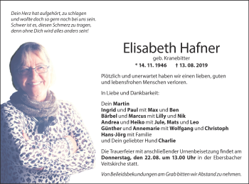 Traueranzeige von Elisabeth Hafner von NWZ Neue Württembergische Zeitung