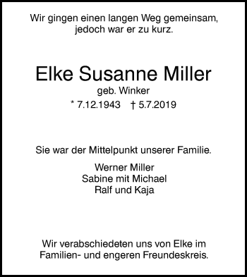 Traueranzeige von Elke Susanne Miller von SÜDWEST PRESSE Ausgabe Ulm/Neu-Ulm