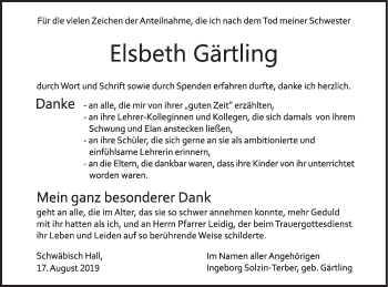 Traueranzeige von Elsbeth Gärtling von Haller Tagblatt