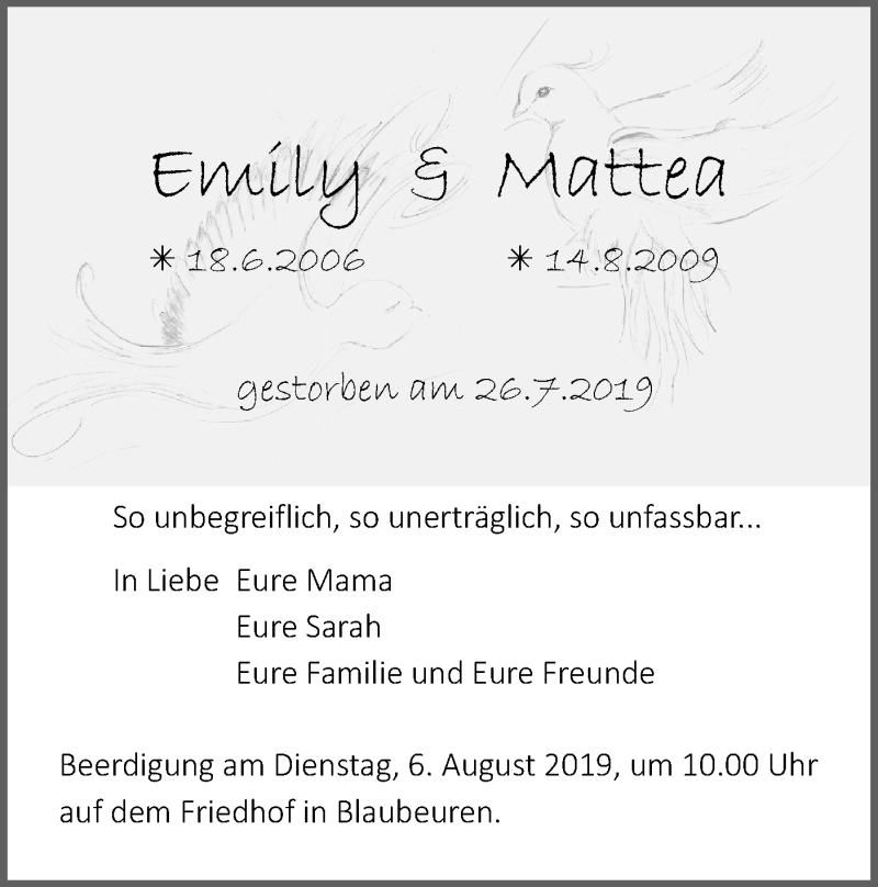  Traueranzeige für Emily und Mattea  vom 03.08.2019 aus SÜDWEST PRESSE Ausgabe Ulm/Neu-Ulm