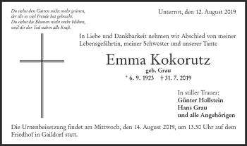 Traueranzeige von Emma Kokorutz von Rundschau Gaildorf