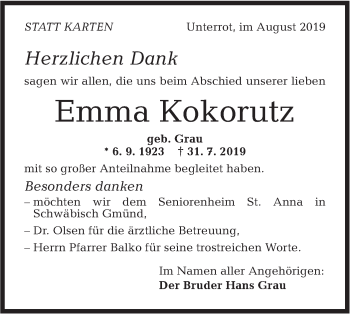 Traueranzeige von Emma Kokorutz von Rundschau Gaildorf