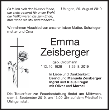 Traueranzeige von Emma Zeisberger von NWZ Neue Württembergische Zeitung