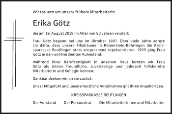 Traueranzeige von Erika Götz von Metzinger-Uracher Volksblatt