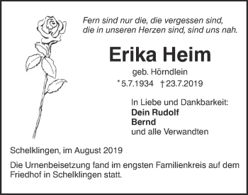 Traueranzeige von Erika Heim von Ehinger Tagblatt