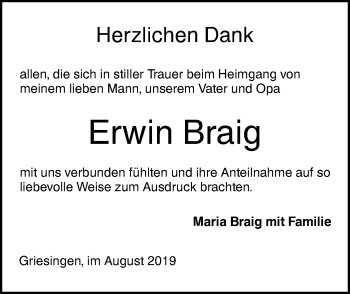 Traueranzeige von Erwin Braig von Ehinger Tagblatt