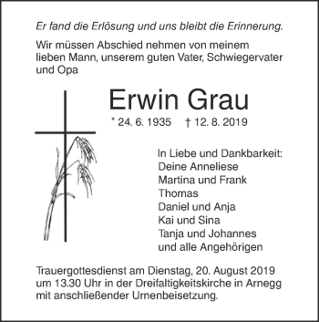 Traueranzeige von Erwin Grau von SÜDWEST PRESSE Ausgabe Ulm/Neu-Ulm