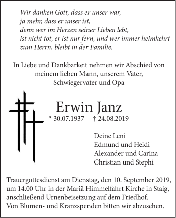 Traueranzeige von Erwin Janz von SÜDWEST PRESSE Ausgabe Ulm/Neu-Ulm