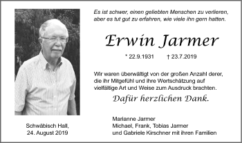 Traueranzeige von Erwin Jarmer von Haller Tagblatt