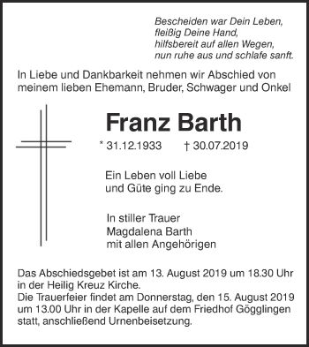 Traueranzeige von Franz Barth von SÜDWEST PRESSE Ausgabe Ulm/Neu-Ulm