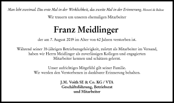 Traueranzeige von Franz Meidlinger von Hohenloher Tagblatt