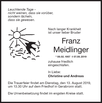 Traueranzeige von Franz Meidlinger von Hohenloher Tagblatt