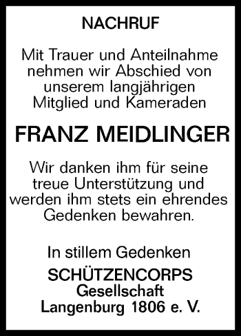 Traueranzeige von Franz Meidlinger von Hohenloher Tagblatt