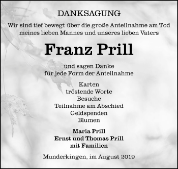 Traueranzeige von Franz Prill von Ehinger Tagblatt