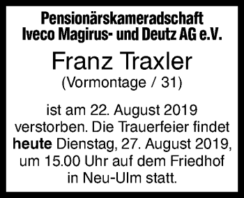 Traueranzeige von Franz Traxler von SÜDWEST PRESSE Ausgabe Ulm/Neu-Ulm