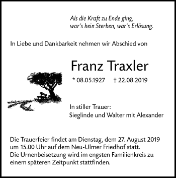 Traueranzeige von Franz Traxler von SÜDWEST PRESSE Ausgabe Ulm/Neu-Ulm