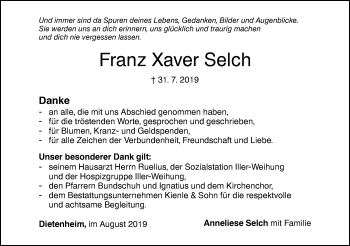 Traueranzeige von Franz Xaver Selch von Illertal Bote