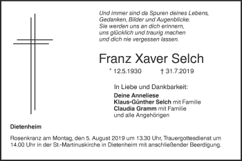 Traueranzeige von Franz Xaver Selch von Illertal Bote