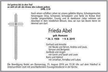 Traueranzeige von Frieda Abel von Haller Tagblatt