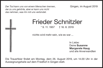 Traueranzeige von Frieder Schnitzler von NWZ Neue Württembergische Zeitung/Geislinger Zeitung