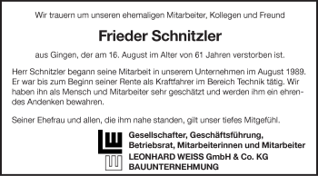 Traueranzeige von Frieder Schnitzler von NWZ Neue Württembergische Zeitung/Geislinger Zeitung