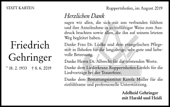 Traueranzeige von Friedrich Gehringer von Haller Tagblatt