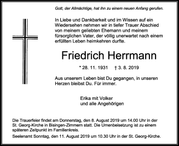 Traueranzeige von Friedrich Herrmann von Hohenzollerische Zeitung