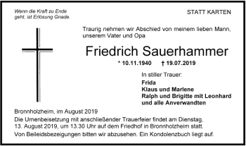 Traueranzeige von Friedrich Sauerhammer von Hohenloher Tagblatt