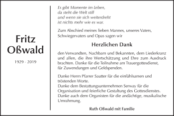 Traueranzeige von Fritz Oßwald von Metzinger-Uracher Volksblatt