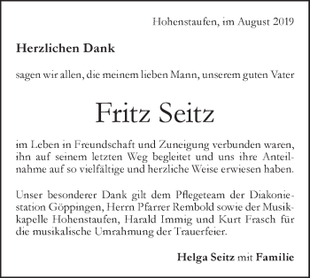 Traueranzeige von Fritz Seitz von NWZ Neue Württembergische Zeitung