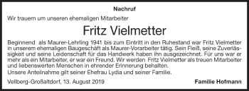 Traueranzeige von Fritz Vielmetter von Haller Tagblatt