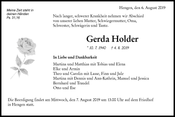 Traueranzeige von Gerda Holder von Metzinger-Uracher Volksblatt