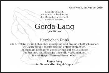 Traueranzeige von Gerda Lang von Rundschau Gaildorf