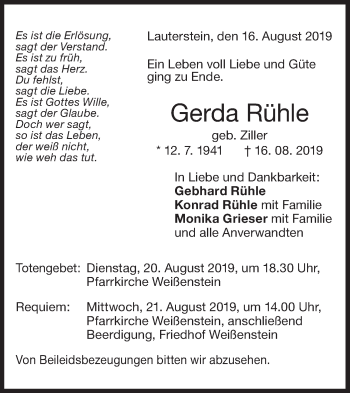 Traueranzeige von Gerda Rühle von NWZ Neue Württembergische Zeitung/Geislinger Zeitung