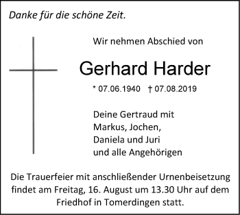 Traueranzeige von Gerhard Harder von SÜDWEST PRESSE Ausgabe Ulm/Neu-Ulm