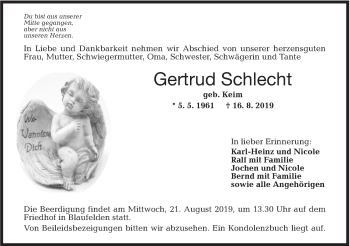 Traueranzeige von Gertrud Schlecht von Hohenloher Tagblatt