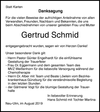 Traueranzeige von Gertrud Schmid von SÜDWEST PRESSE Ausgabe Ulm/Neu-Ulm