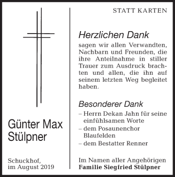 Traueranzeige von Günter Max Stülpner von Hohenloher Tagblatt